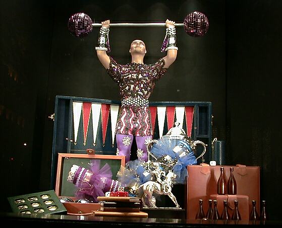 sorabji.com: Christmas Window Weightlifter, Trump Tower, New York City